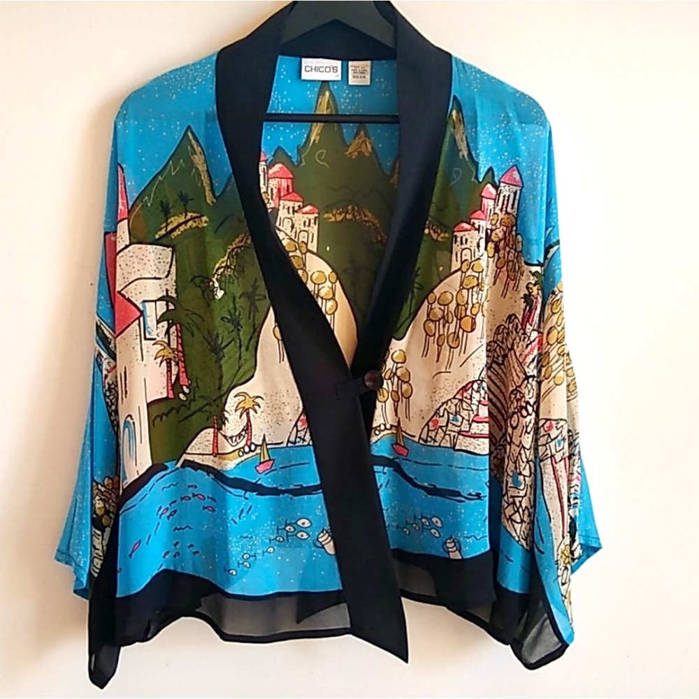 M/L Chico’s 100% Silk Kimono cropped jacket, new never worn